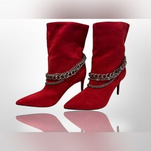 Faux Suede Red Guess 3 inch Heel Boots w/ Silver Chain Details